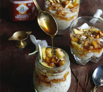 Organic tapioca pudding with honey caramelised pineapples