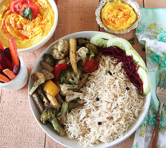Organic Turmeric Hummus With Sumac Roasted Vegetables And Black Pepper Rice